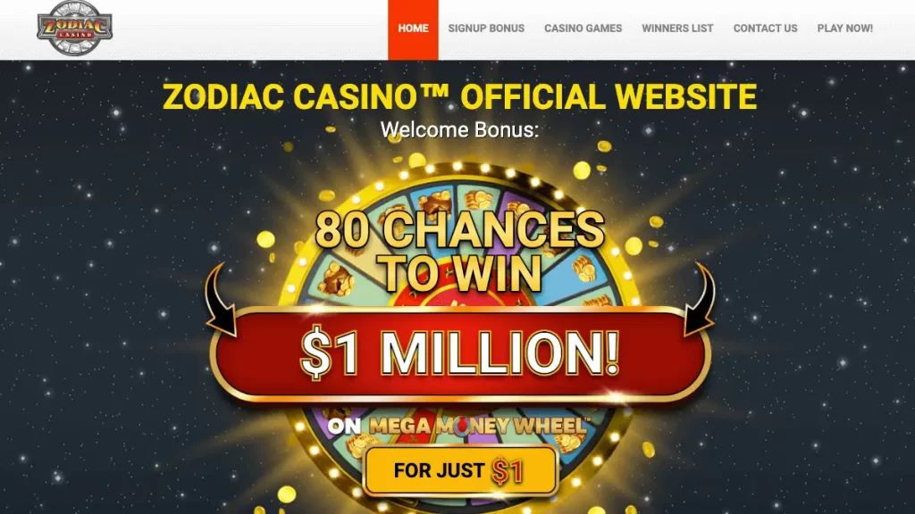 Zodiac Casino 80 Free Spins for $1 on Mega Money Wheel