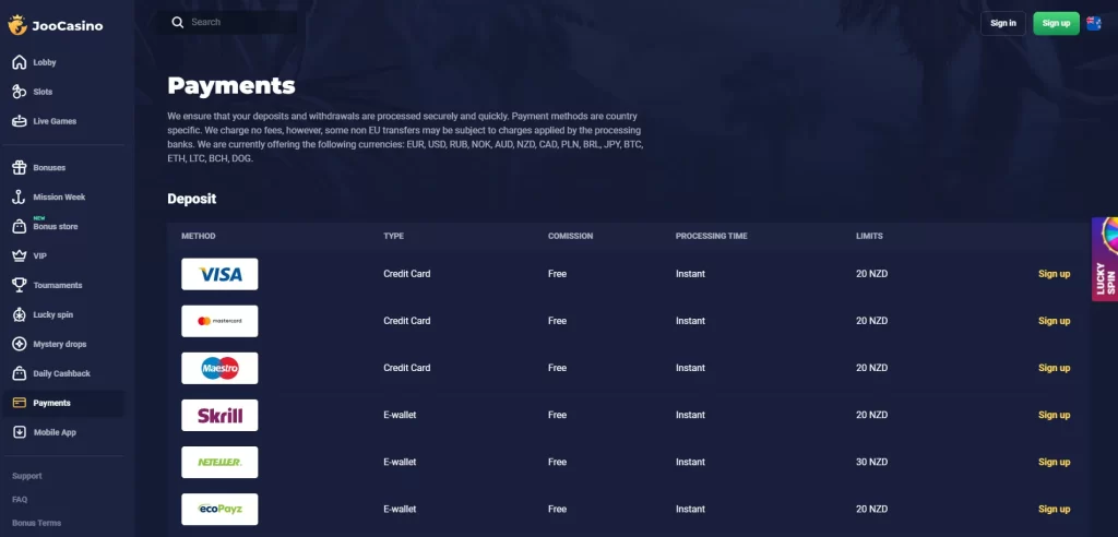 Joo Casino payments