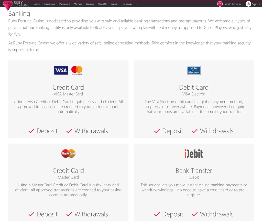 Ruby Fortune banking