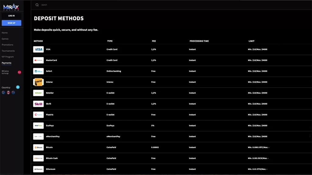 Mirax Casino Banking