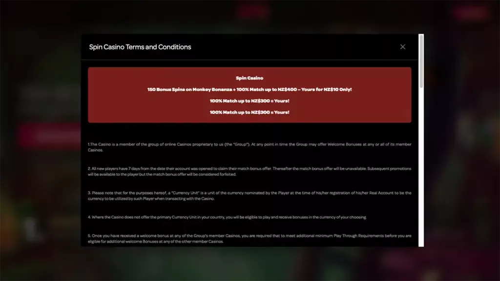 Spin Casino 150 Bonus Spins Terms