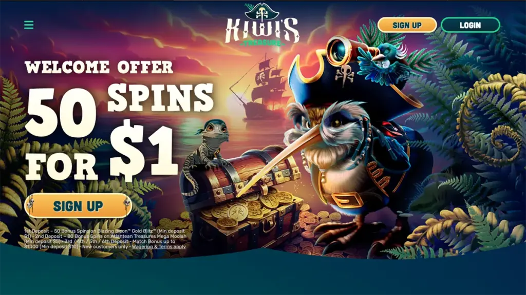 Kiwi's Treasure Casino 50 Free Spins for $1