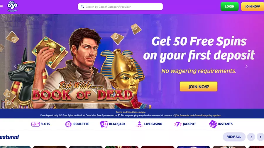 PlayOJO Casino 50 free spins on first deposit